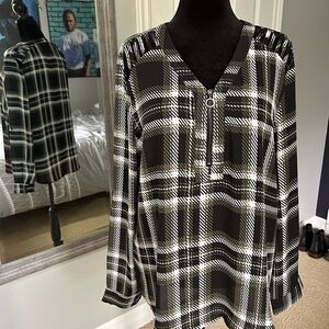 Black Dark Green and White Plaid V-Neck cold shoulder Blouse